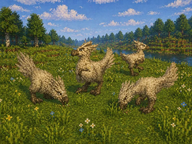 Four golden feathered fantasy birds among flowers beside a river.