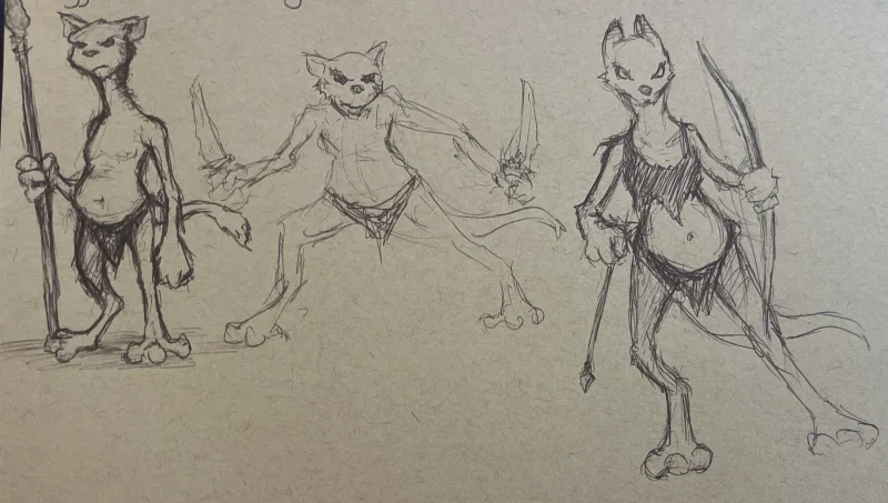 Three pen drawings of small pointed-eared creatures carrying simple blades.