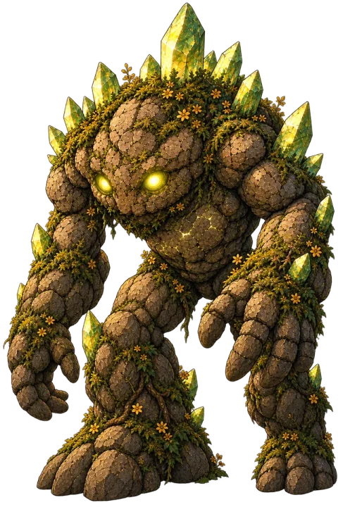 A broad Earth Spirit with moss, stone and crystal growths