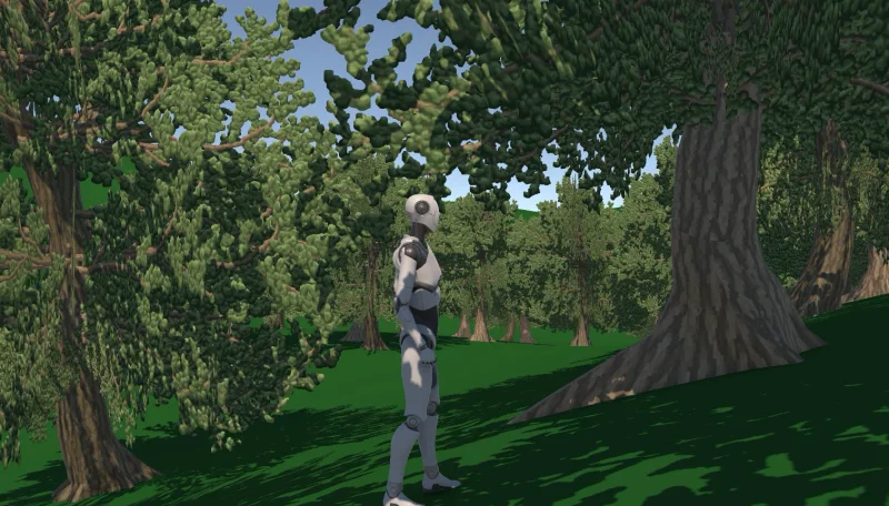 A grey test mannequin stands among leafy generated trees with blue sky visible through their branches.