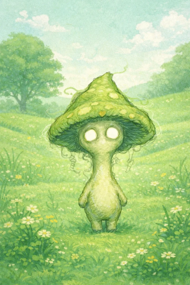 A small green mushroom-capped spirit with glowing eyes in a sunlit meadow.