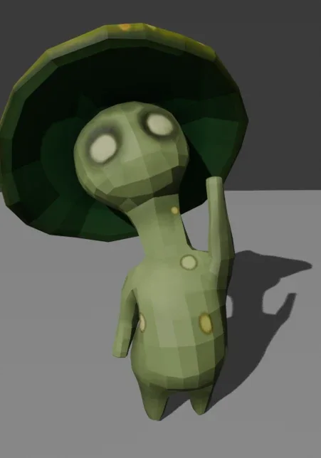 A low-poly green Spirit Guide model with a broad mushroom cap and glowing eyes.
