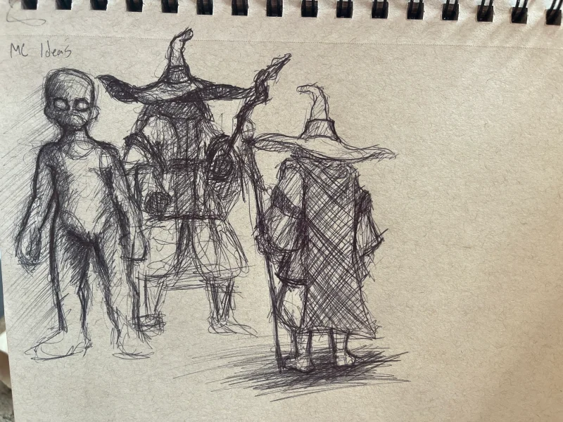 Three pen sketches exploring a young character, wide-brimmed mage hat and layered clothing.