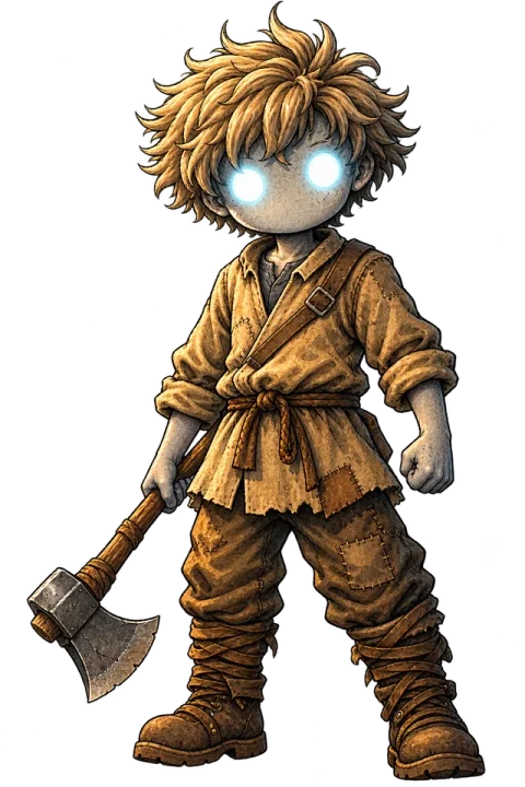 A young traveler in patched clothing with glowing eyes, carrying an axe