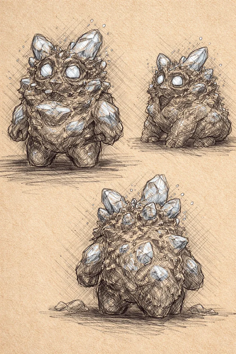 Three concept views of a squat stone-like spirit with bright crystal growths.