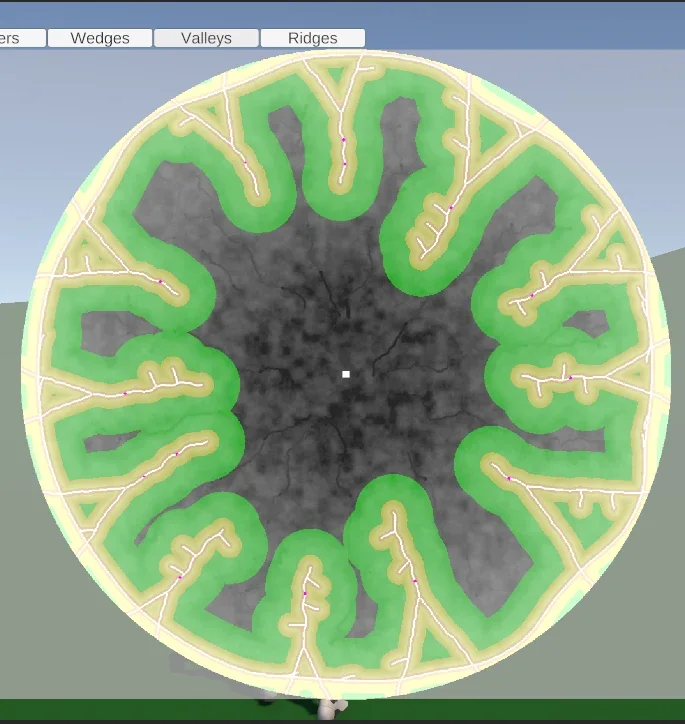 A circular developer map with dark central terrain, green outer regions and pale ridge lines.