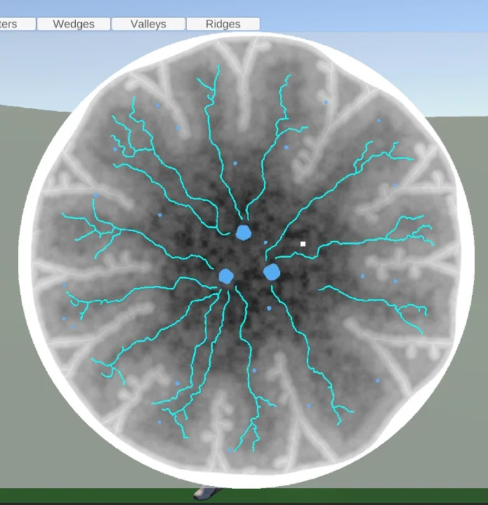 A circular greyscale terrain map with branching cyan rivers flowing toward a central lake.