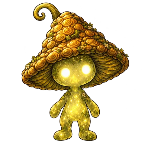 A small green Spirit Guide with a broad mushroom cap and bright eyes