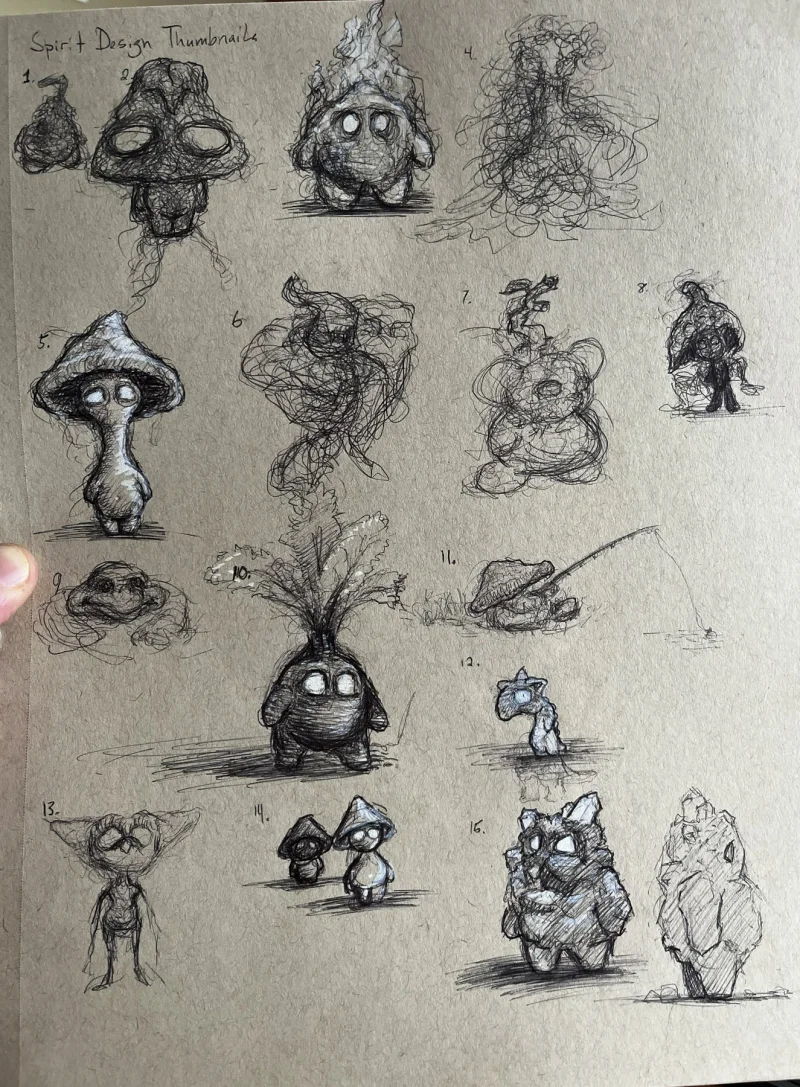 A page of numbered spirit sketches with mushroom, leaf, stone and crystal silhouettes.