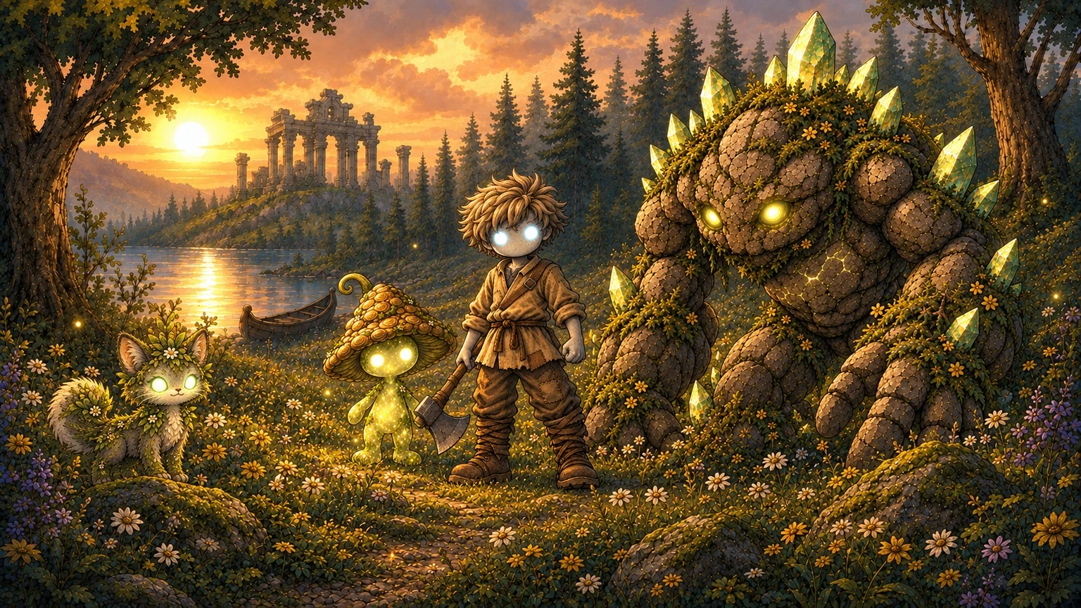 A young traveler and three spirit companions beside a lake at sunset