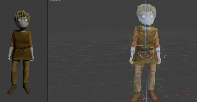A low-poly traveler model beside the same character overlaid with coloured rig controls.