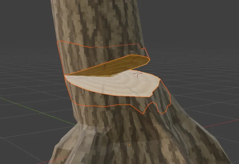 A textured low-poly tree trunk with an angled cut and a pale exposed wood surface.