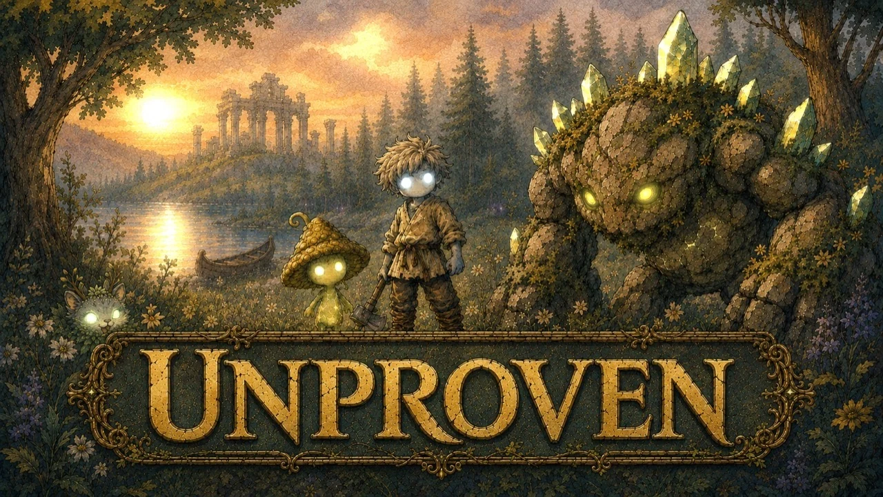 Unproven working key art: a young traveler, mushroom-like guide, woodland spirit and crystal-covered Earth Spirit beside a lake