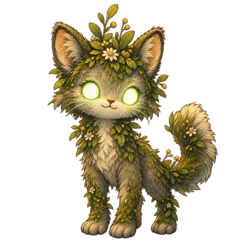 A small cat-like Wood Spirit with foliage, glowing eyes and a curling tail
